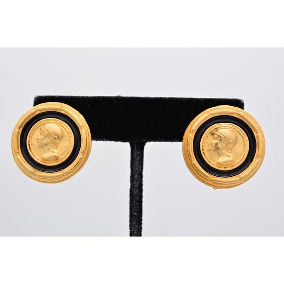 Unbranded Jewelry - Vintage Roman Coin Earrings Brushed Gold Matte Black Enamel Chunky NOS 1980s 9E